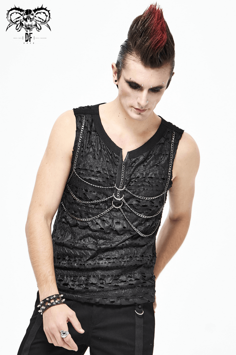 Punk Rock Chain Sleeveless Tank Tops / Black Men's Top with Broken Holes