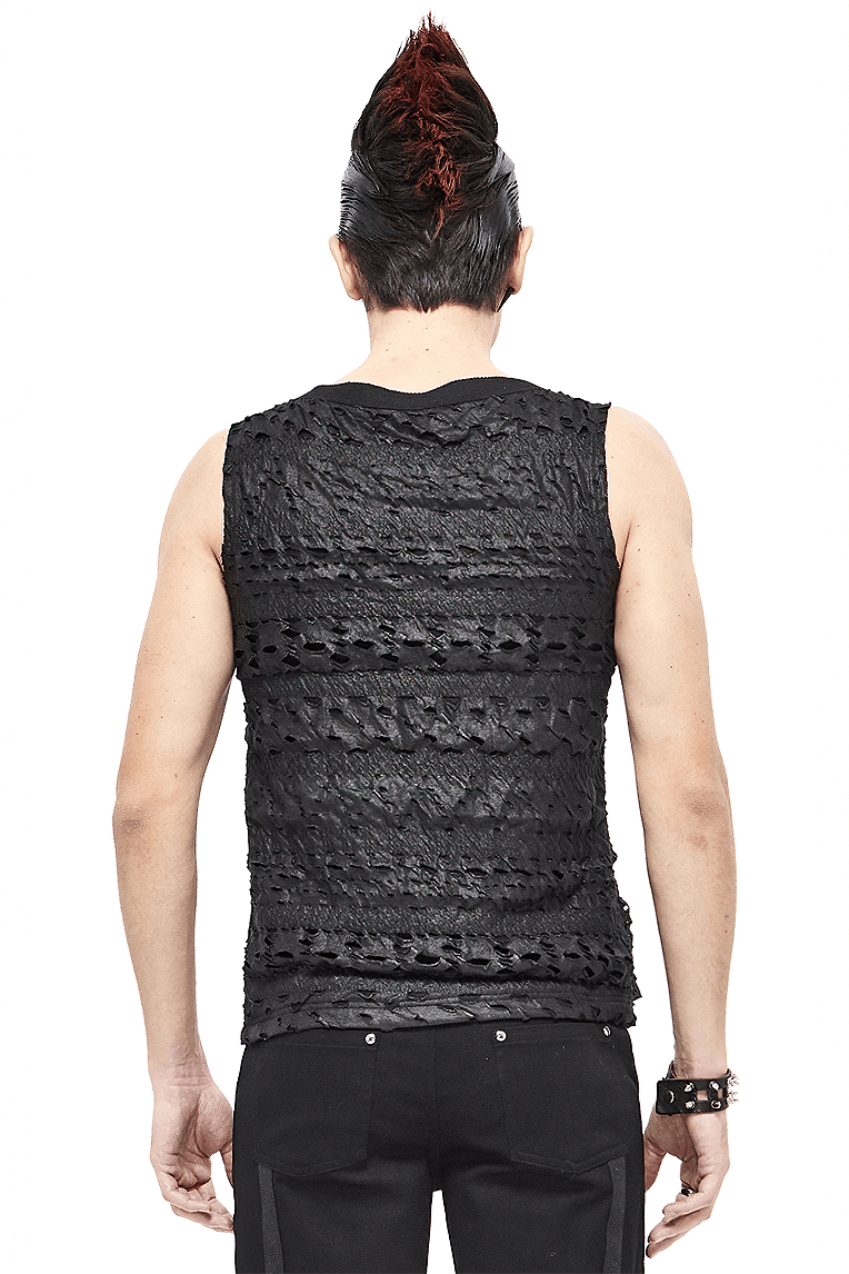 Punk Rock Chain Sleeveless Tank Tops / Black Men's Top with Broken Holes