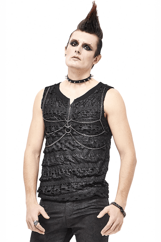 Punk Rock Chain Sleeveless Tank Tops / Black Men's Top with Broken Holes