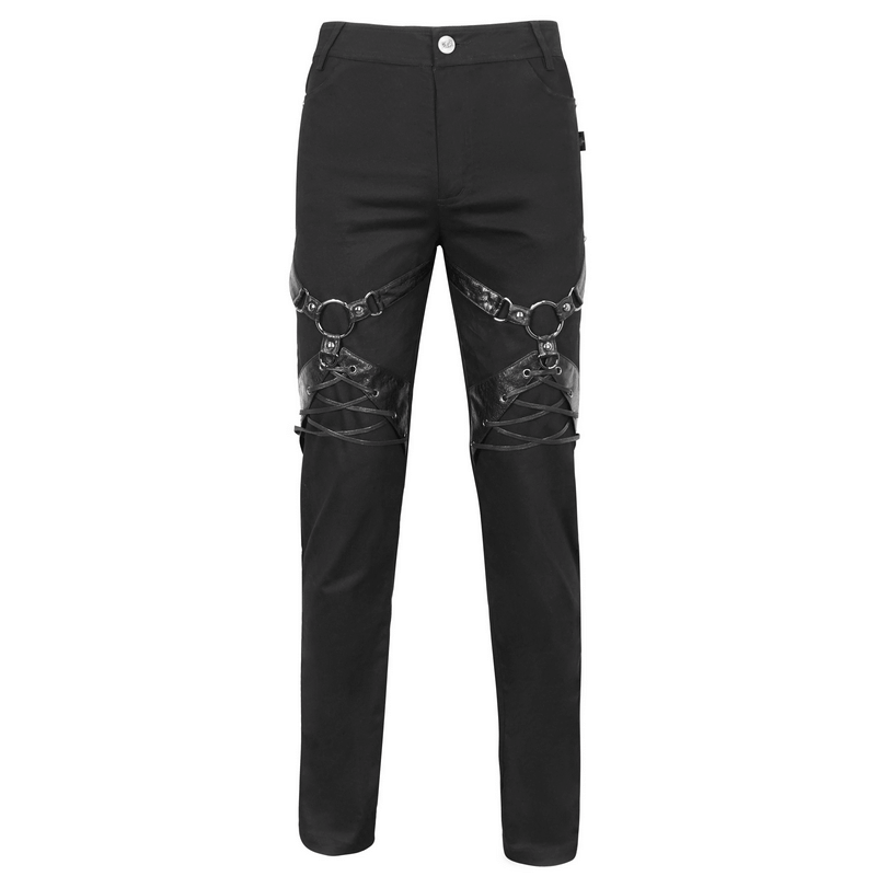 Punk Rock Fitted Pants With Leather Harness / Men's Black Trousers with Zipper Pockets
