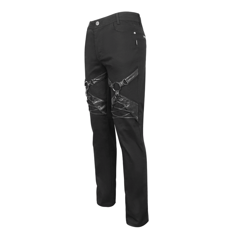 Punk Rock Fitted Pants With Leather Harness / Men's Black Trousers with Zipper Pockets