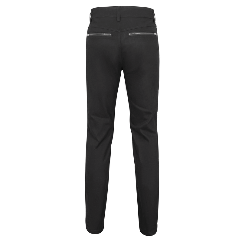 Punk Rock Fitted Pants With Leather Harness / Men's Black Trousers with Zipper Pockets
