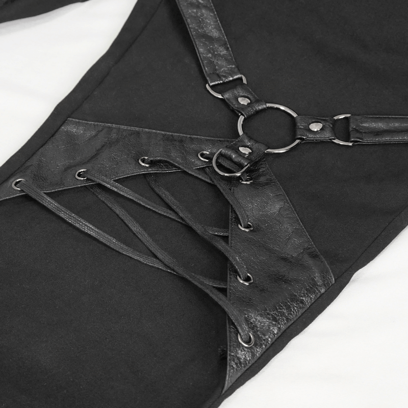 Punk Rock Fitted Pants With Leather Harness / Men's Black Trousers with Zipper Pockets