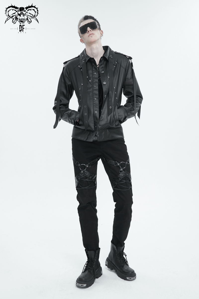 Punk Rock Fitted Pants With Leather Harness / Men's Black Trousers with Zipper Pockets