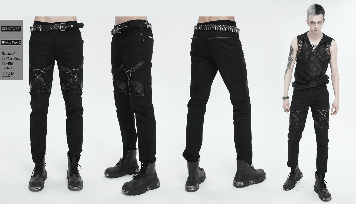 Punk Rock Fitted Pants With Leather Harness / Men's Black Trousers with Zipper Pockets