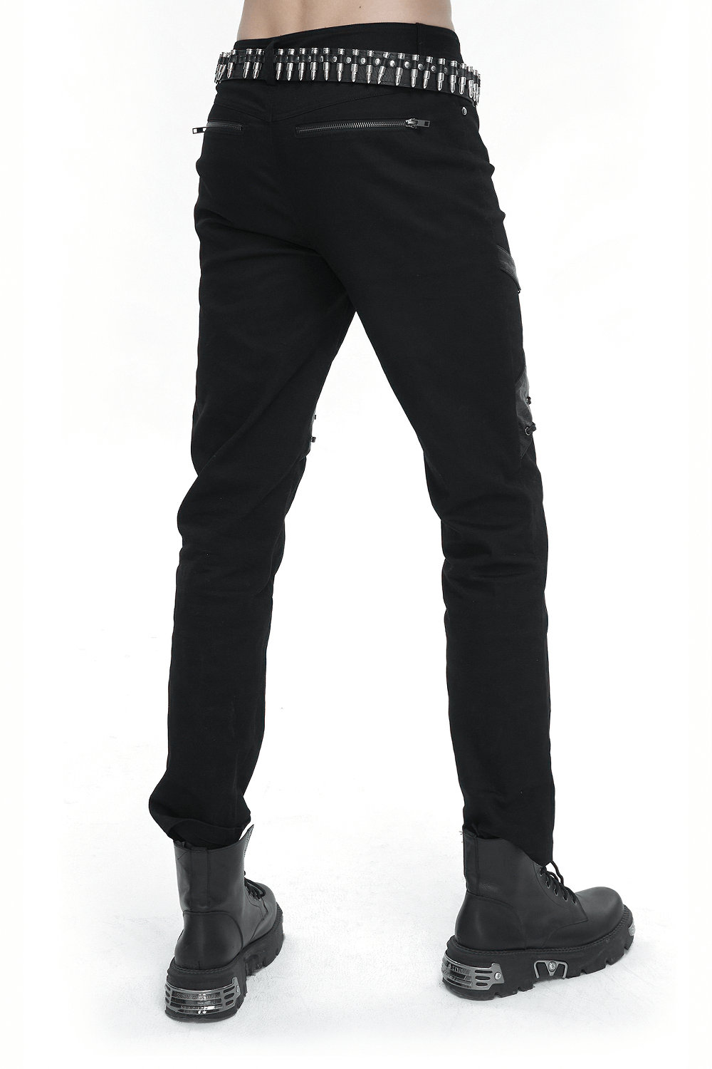 Punk Rock Fitted Pants With Leather Harness / Men's Black Trousers with Zipper Pockets