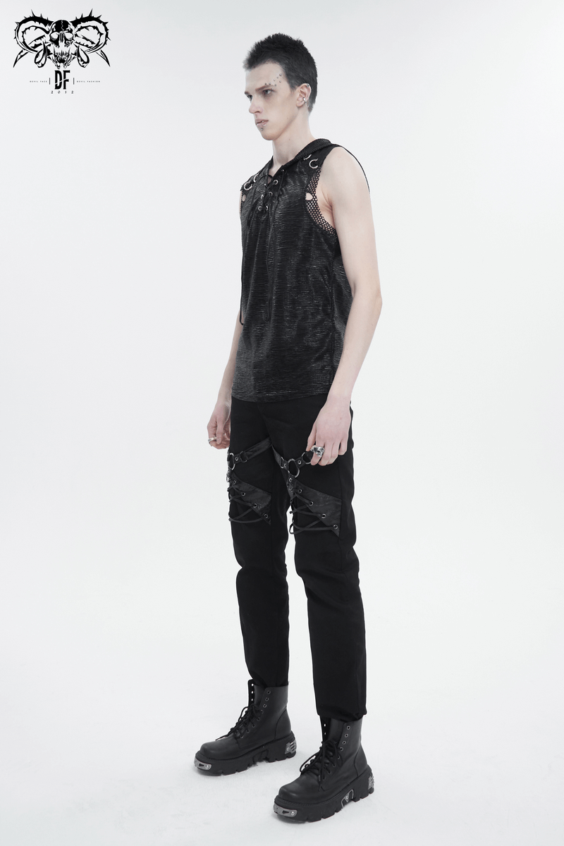 Punk Rock Fitted Pants With Leather Harness / Men's Black Trousers with Zipper Pockets
