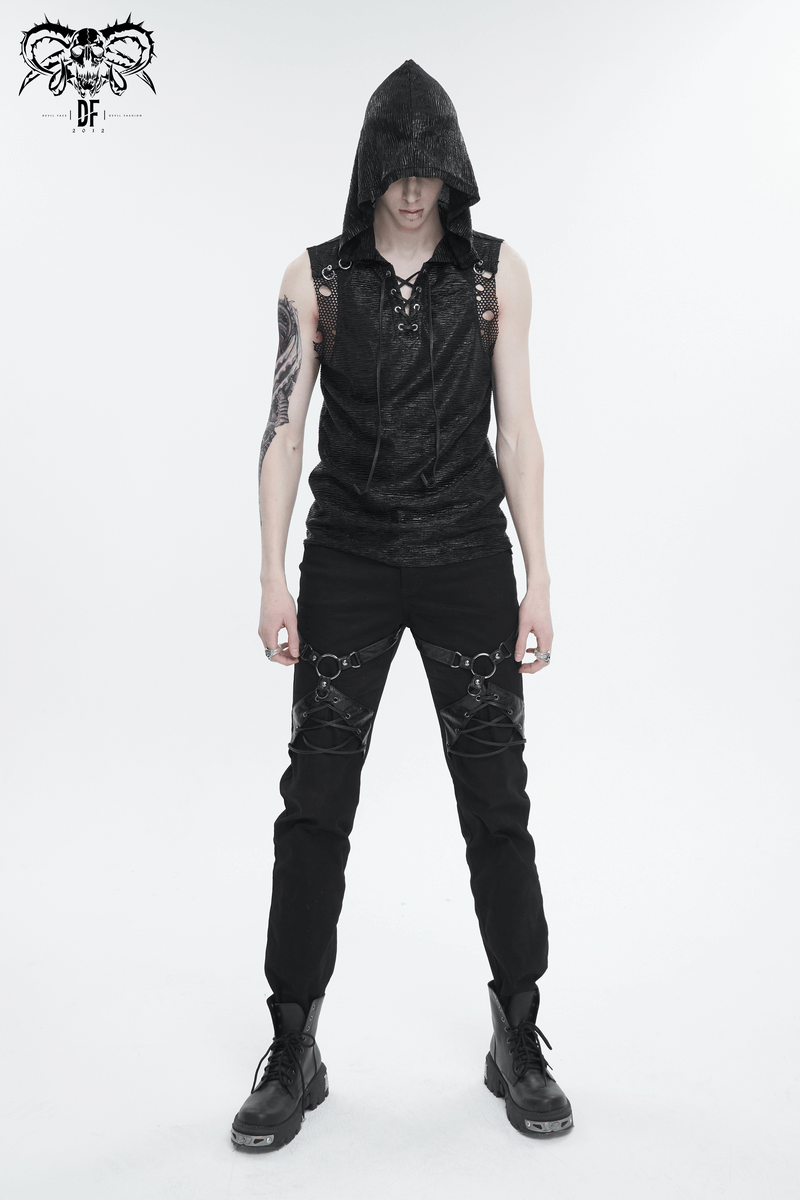 Punk Rock Fitted Pants With Leather Harness / Men's Black Trousers with Zipper Pockets