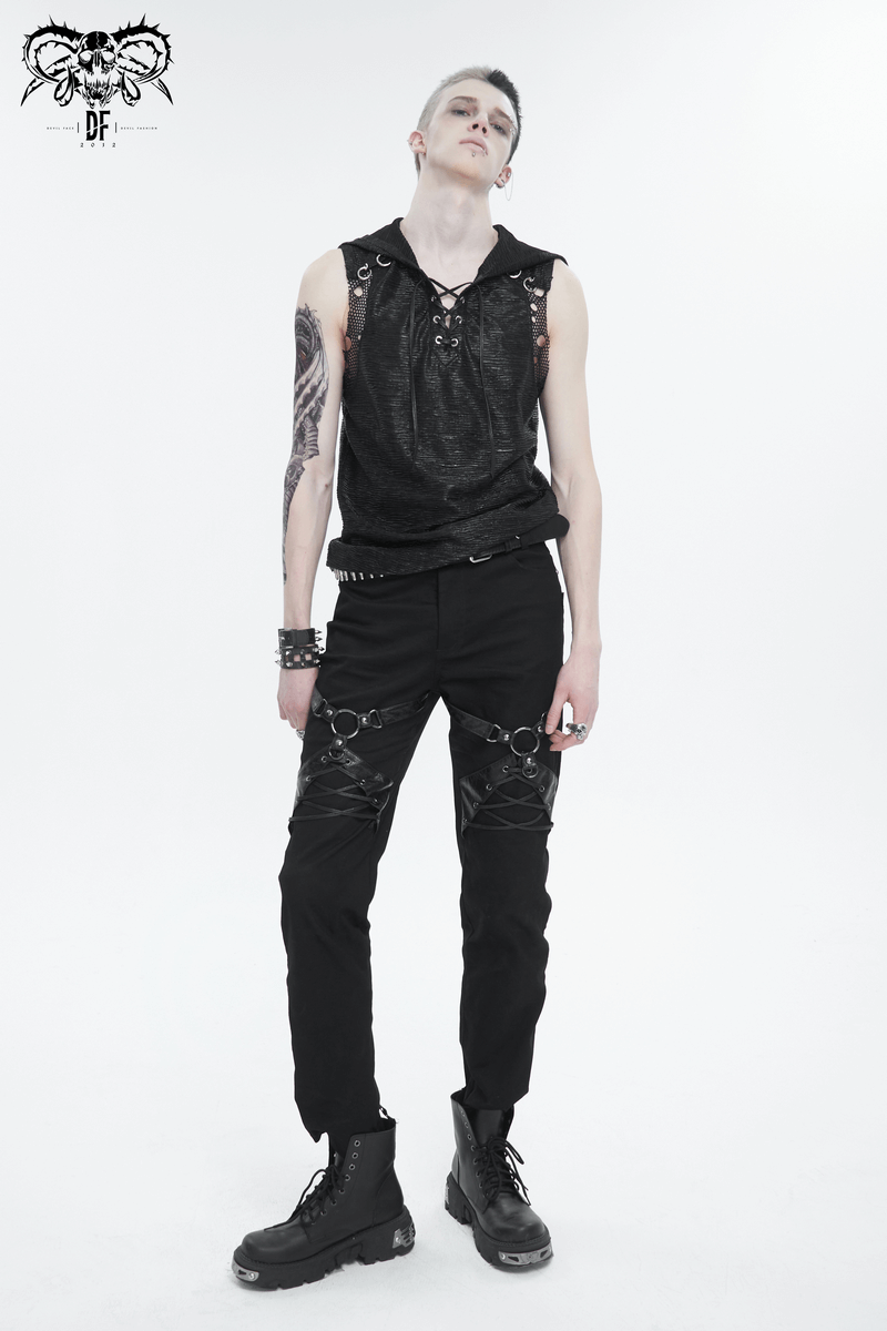 Punk Rock Fitted Pants With Leather Harness / Men's Black Trousers with Zipper Pockets