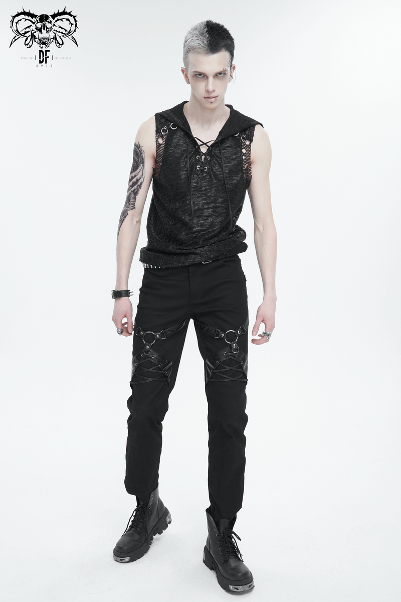 Punk Rock Fitted Pants With Leather Harness / Men's Black Trousers with Zipper Pockets