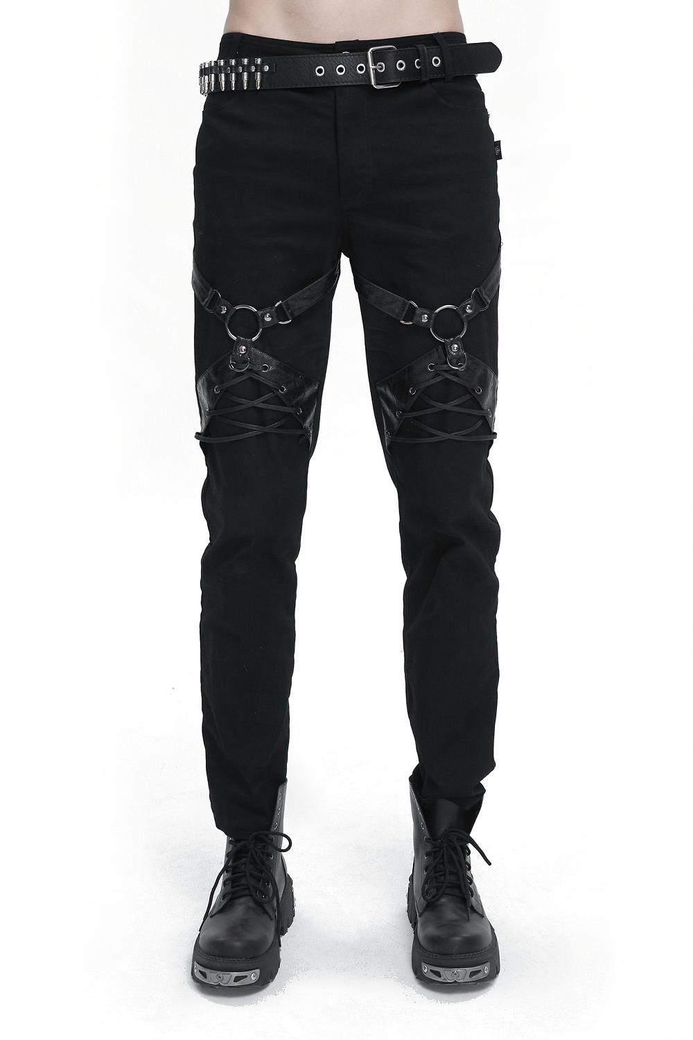 Punk Rock Fitted Pants With Leather Harness / Men's Black Trousers with Zipper Pockets