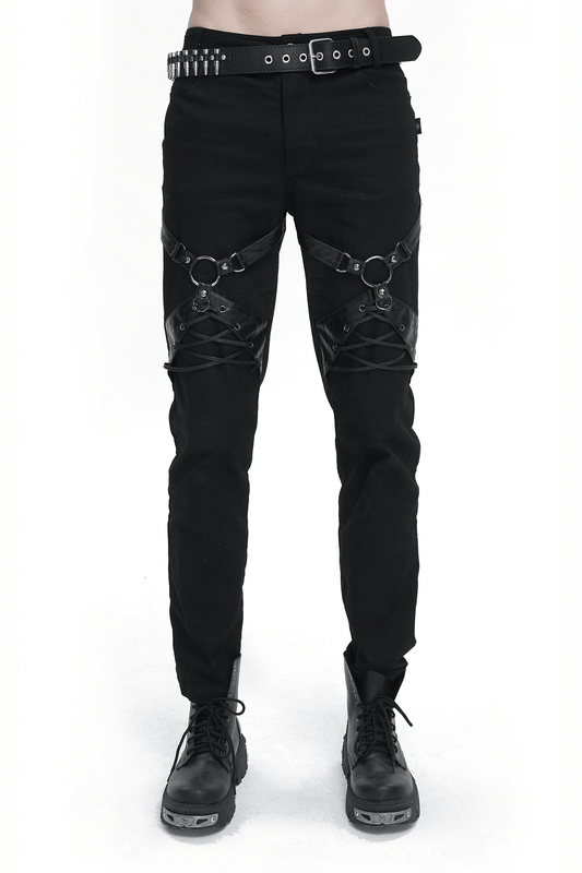 Punk Rock Fitted Pants With Leather Harness / Men's Black Trousers with Zipper Pockets