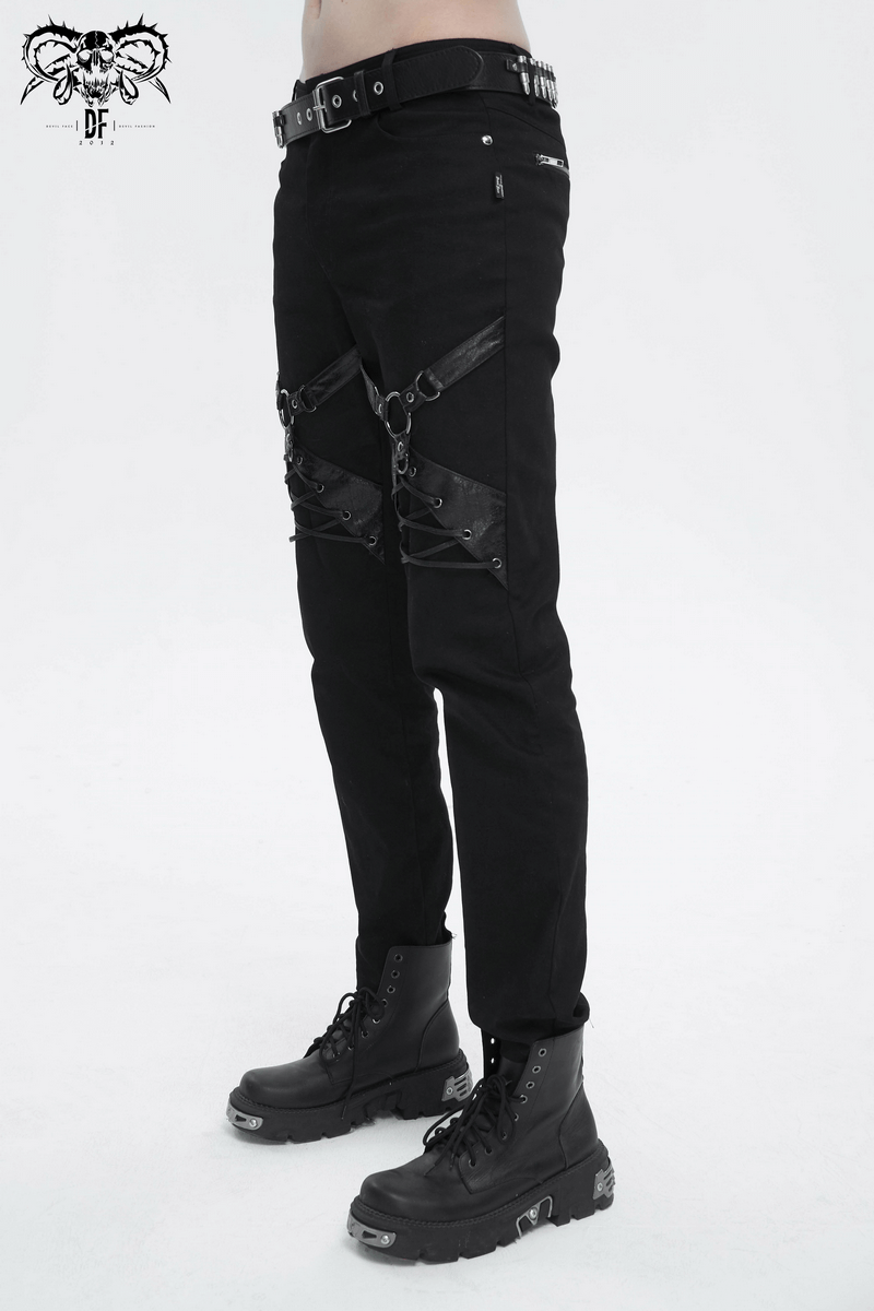Punk Rock Fitted Pants With Leather Harness / Men's Black Trousers with Zipper Pockets