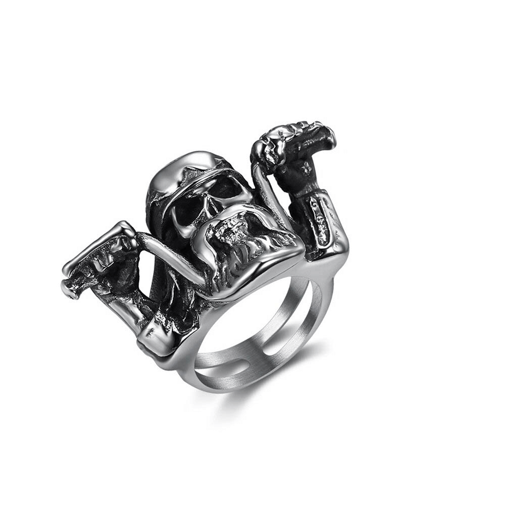 Punk Rock Motorcyclist Skull Ring For Men / Stainless Steel Biker Accessories