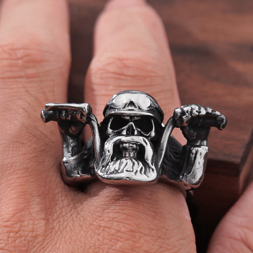 Punk Rock Motorcyclist Skull Ring For Men / Stainless Steel Biker Accessories