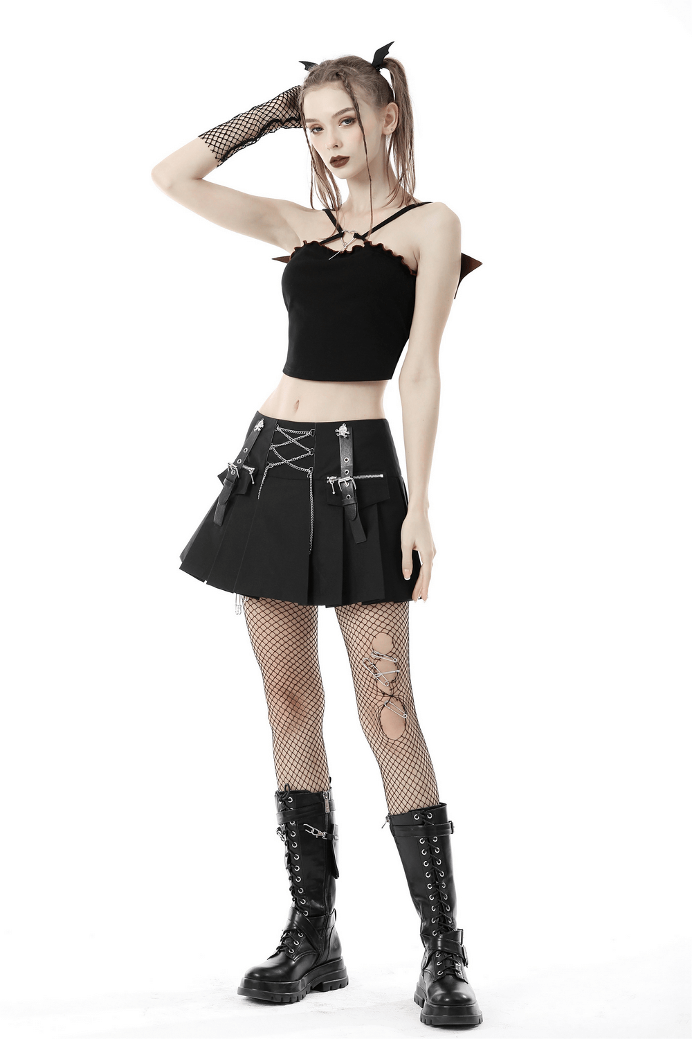Punk Rock Pleated Mini Skirt with Chain and Straps