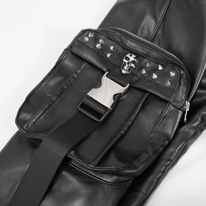 Punk Rock PU Leather Pants with Three-Dimensional Pockets / Fashion Rivets Elastic Waist Trousers