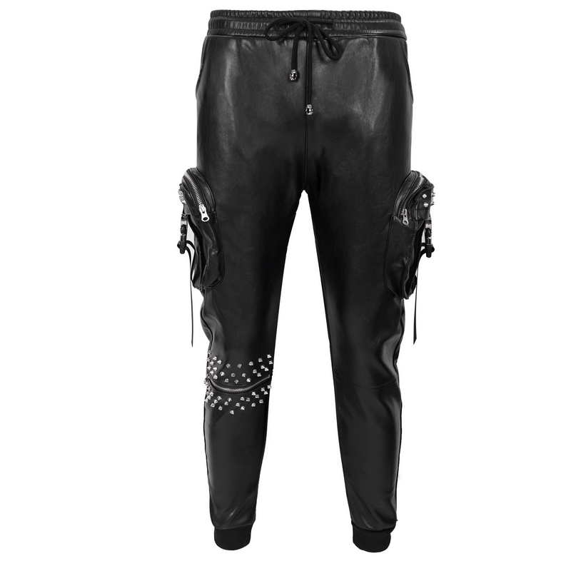 Punk Rock PU Leather Pants with Three-Dimensional Pockets / Fashion Rivets Elastic Waist Trousers