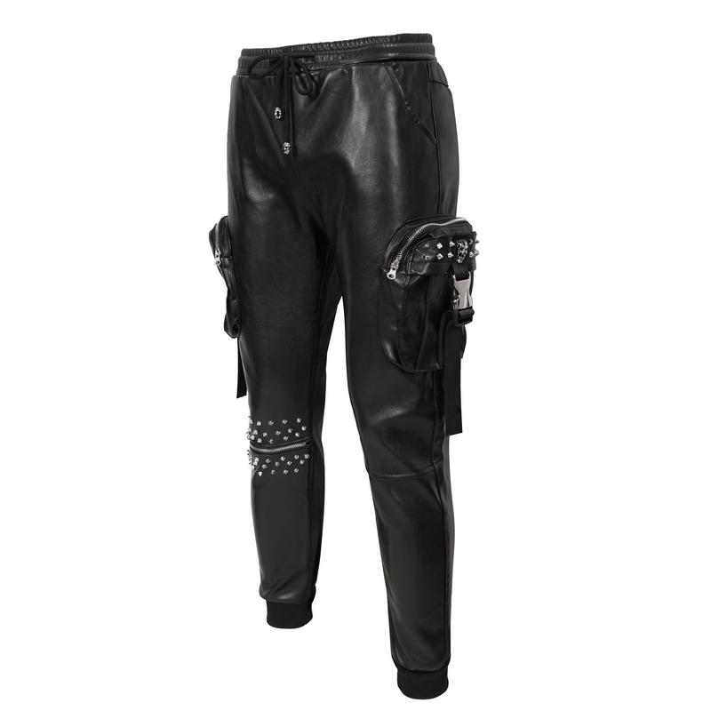 Punk Rock PU Leather Pants with Three-Dimensional Pockets / Fashion Rivets Elastic Waist Trousers