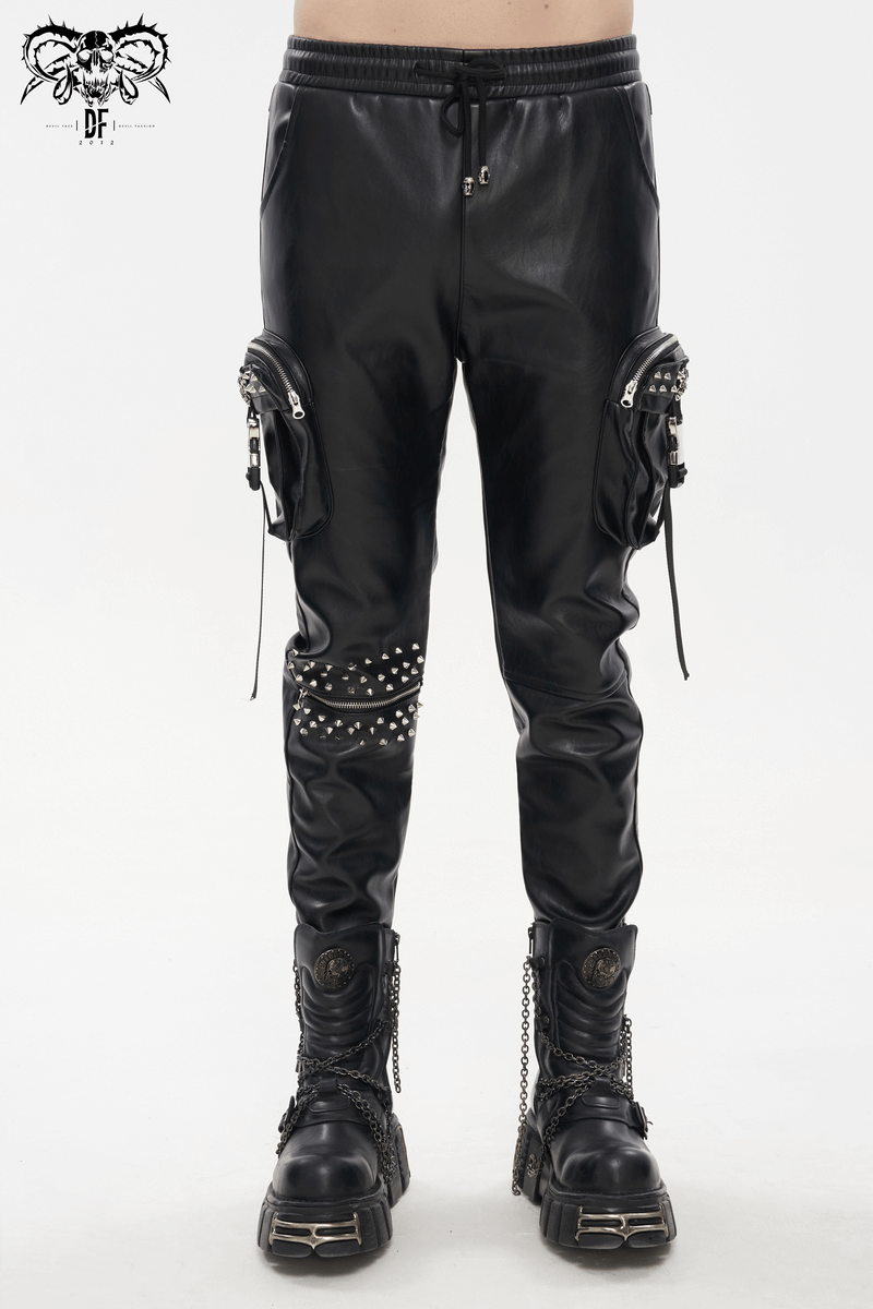 Punk Rock PU Leather Pants with Three-Dimensional Pockets / Fashion Rivets Elastic Waist Trousers