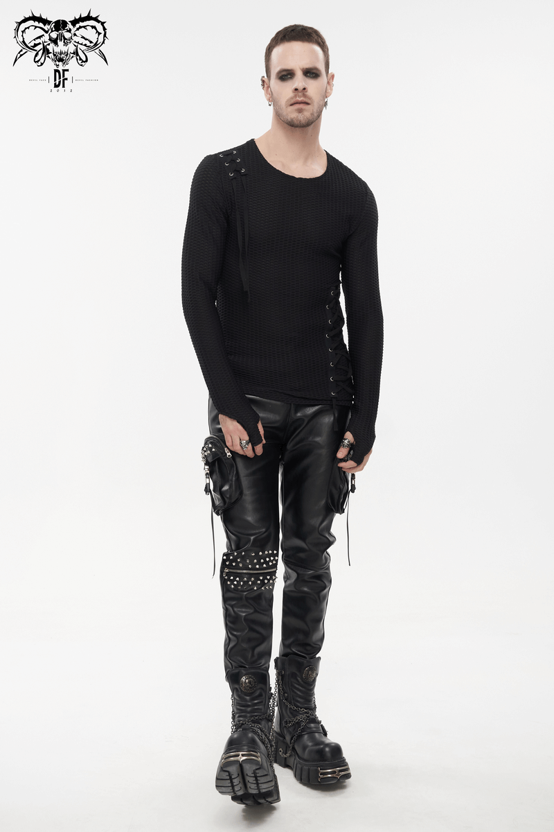 Punk Rock PU Leather Pants with Three-Dimensional Pockets / Fashion Rivets Elastic Waist Trousers