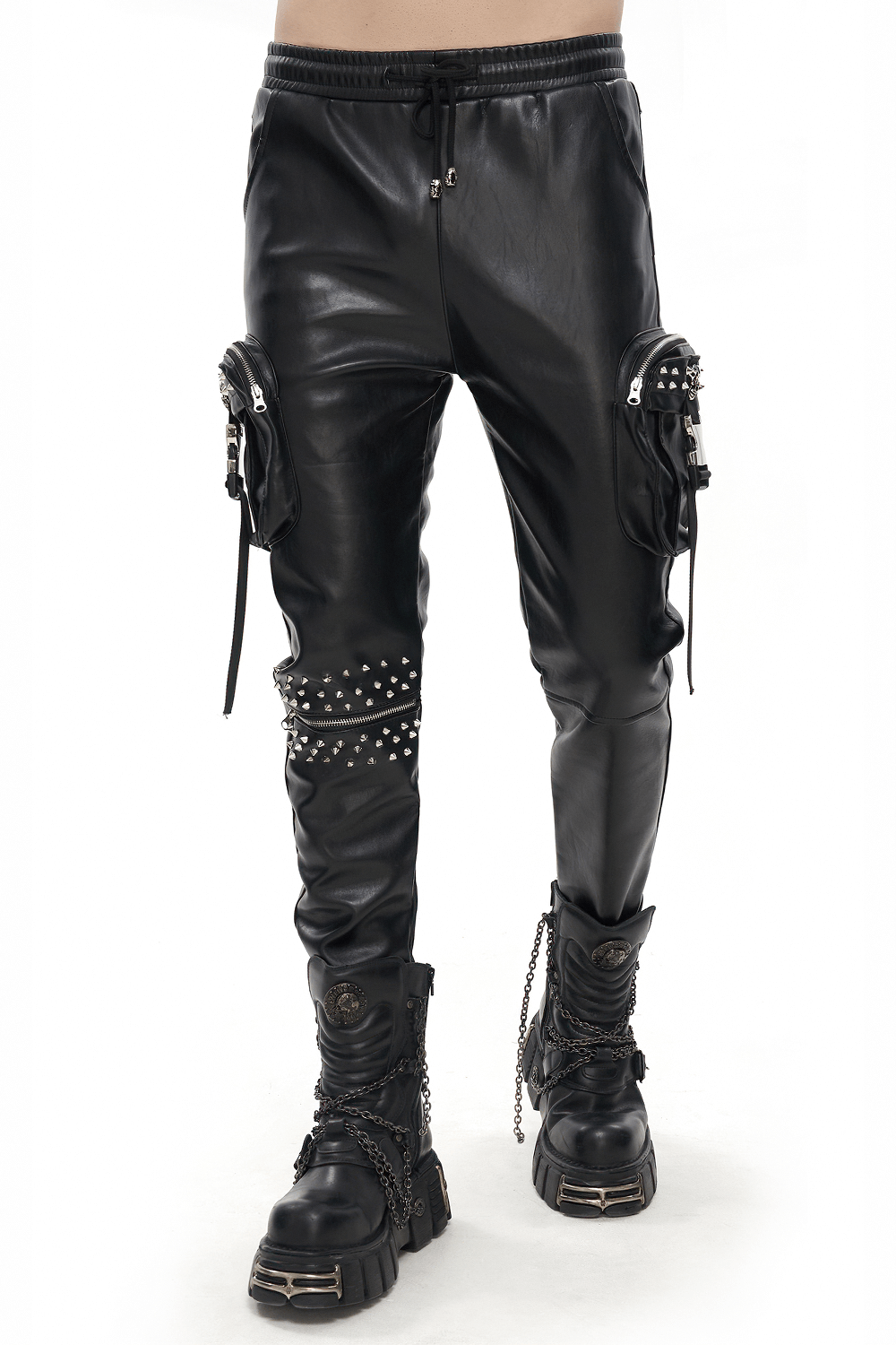 Punk Rock PU Leather Pants with Three-Dimensional Pockets / Fashion Rivets Elastic Waist Trousers