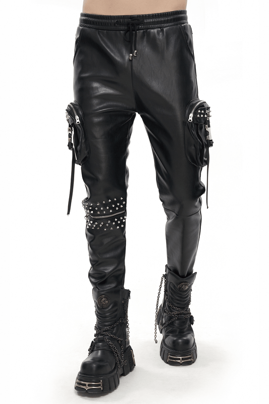 Punk Rock PU Leather Pants with Three-Dimensional Pockets / Fashion Rivets Elastic Waist Trousers