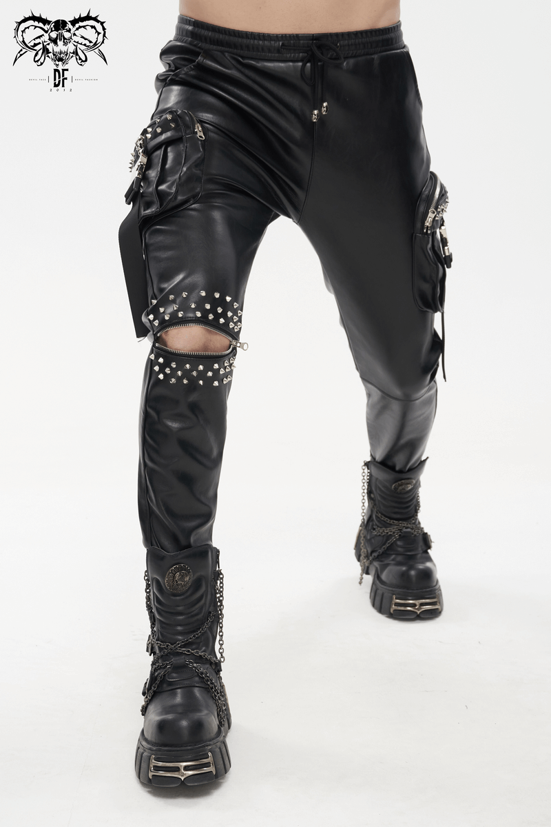Punk Rock PU Leather Pants with Three-Dimensional Pockets / Fashion Rivets Elastic Waist Trousers