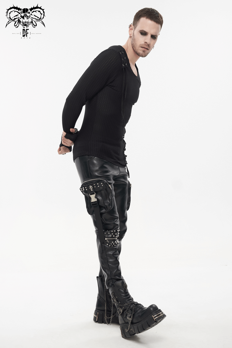 Punk Rock PU Leather Pants with Three-Dimensional Pockets / Fashion Rivets Elastic Waist Trousers