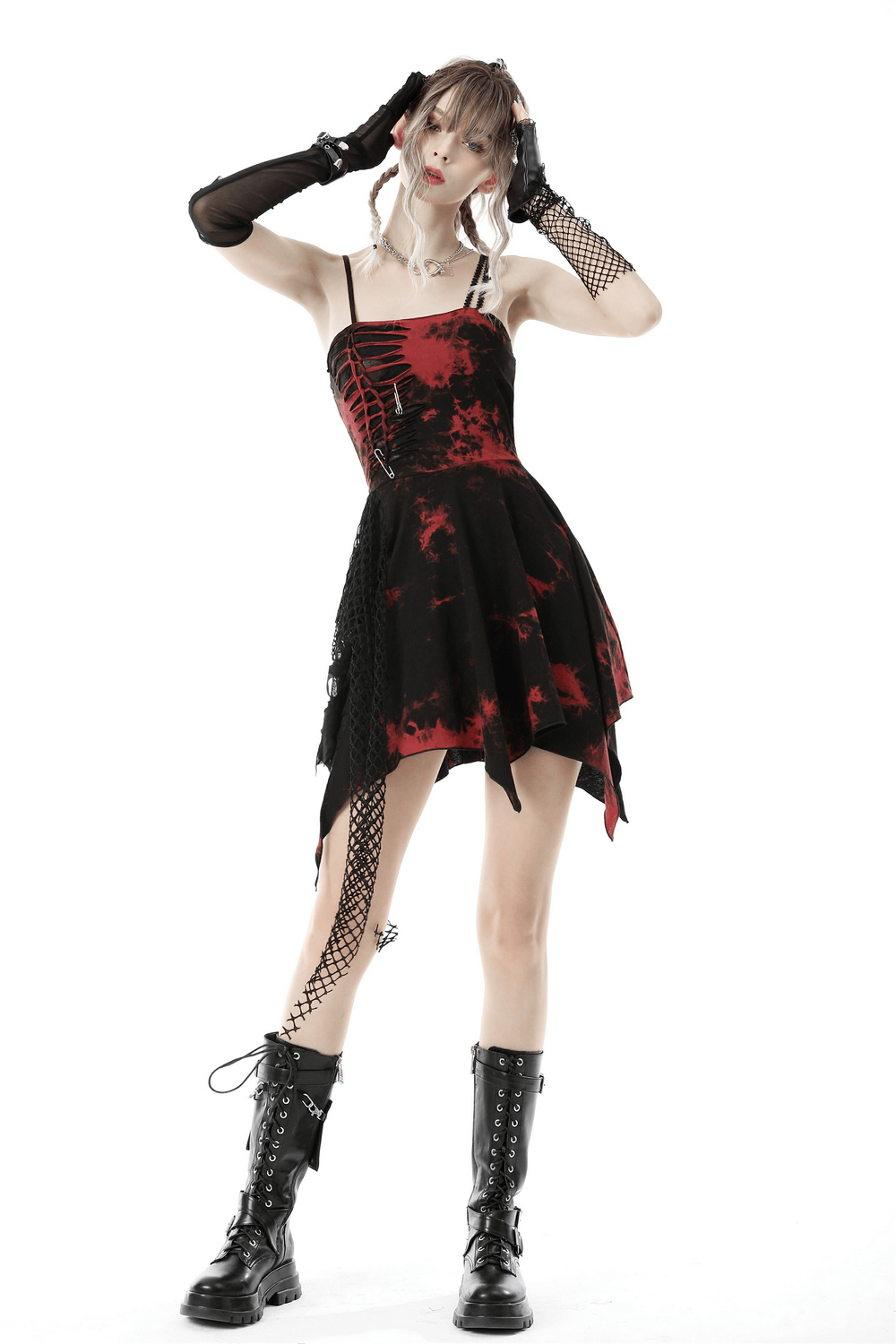 Punk Rock Red and Black Strap Asymmetrical Dress