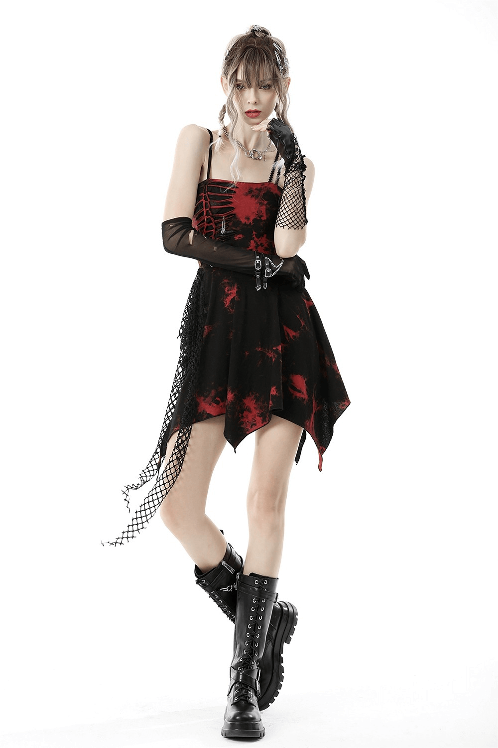 Punk Rock Red and Black Strap Asymmetrical Dress
