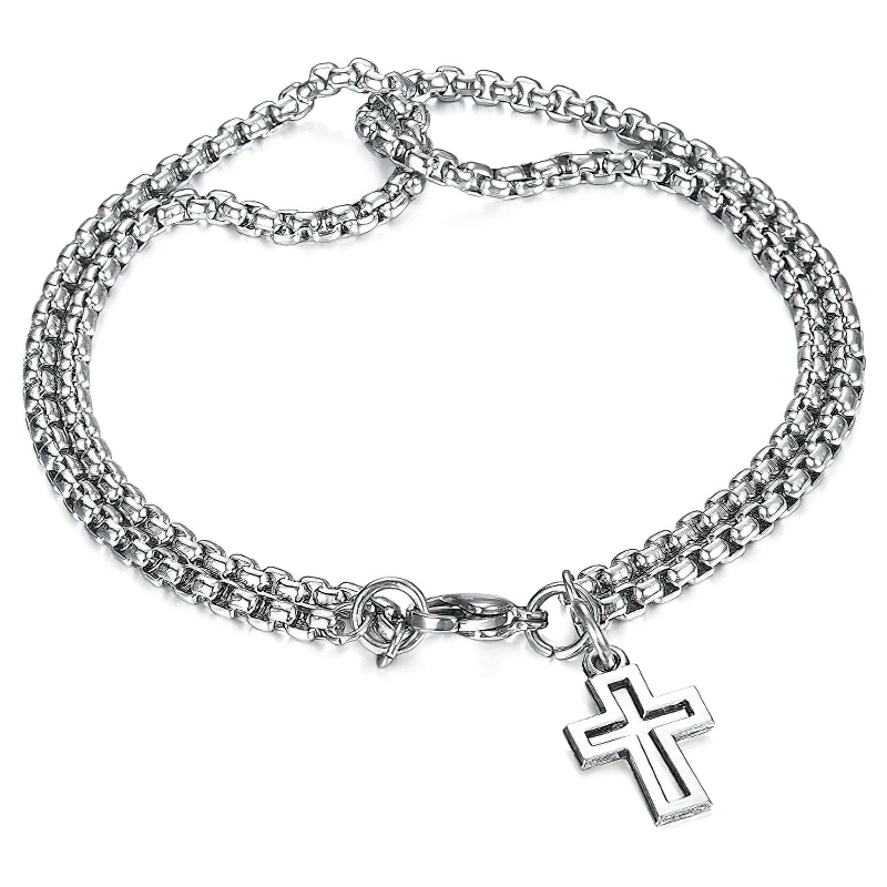 Punk Rock Titanium Steel Double Chain Bracelet / Motorcycle Biker Cross Pendant Bracelets