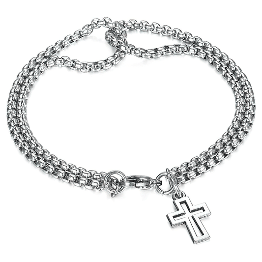 Punk Rock Titanium Steel Double Chain Bracelet / Motorcycle Biker Cross Pendant Bracelets