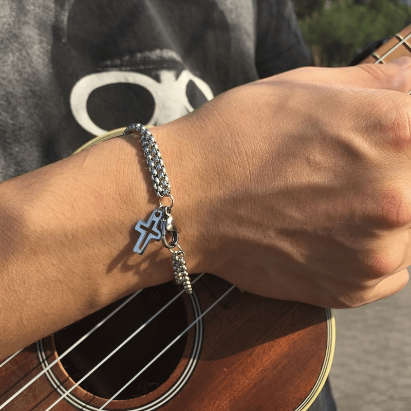 Punk Rock Titanium Steel Double Chain Bracelet / Motorcycle Biker Cross Pendant Bracelets