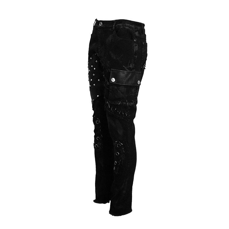 Punk Rock Trousers Side Pocket / Men's Black Pants with Studs / Biker Apocalyptic Trousers