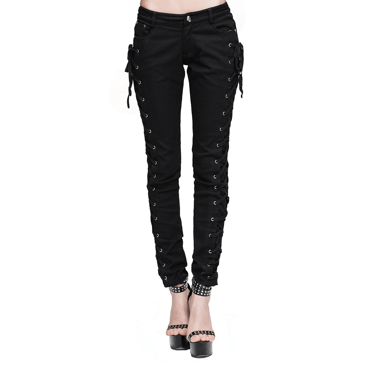 Punk Rock Women's Skinny Pants with Lace Up on Both Sides / Stylish Black Ladies Cotton Trousers