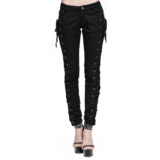 Punk Rock Women's Skinny Pants with Lace Up on Both Sides / Stylish Black Ladies Cotton Trousers