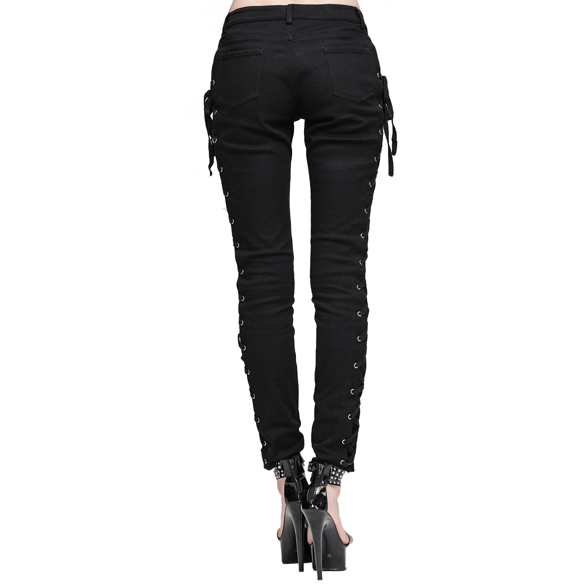 Punk Rock Women's Skinny Pants with Lace Up on Both Sides / Stylish Black Ladies Cotton Trousers