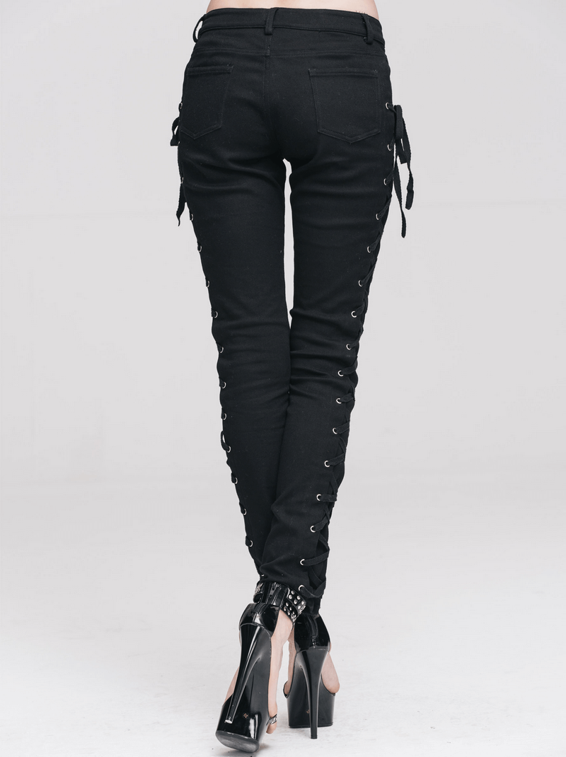 Punk Rock Women's Skinny Pants with Lace Up on Both Sides / Stylish Black Ladies Cotton Trousers