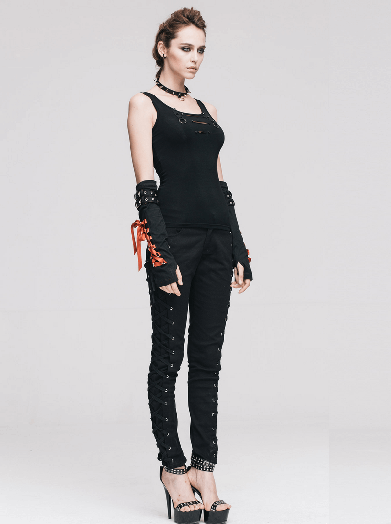 Punk Rock Women's Skinny Pants with Lace Up on Both Sides / Stylish Black Ladies Cotton Trousers