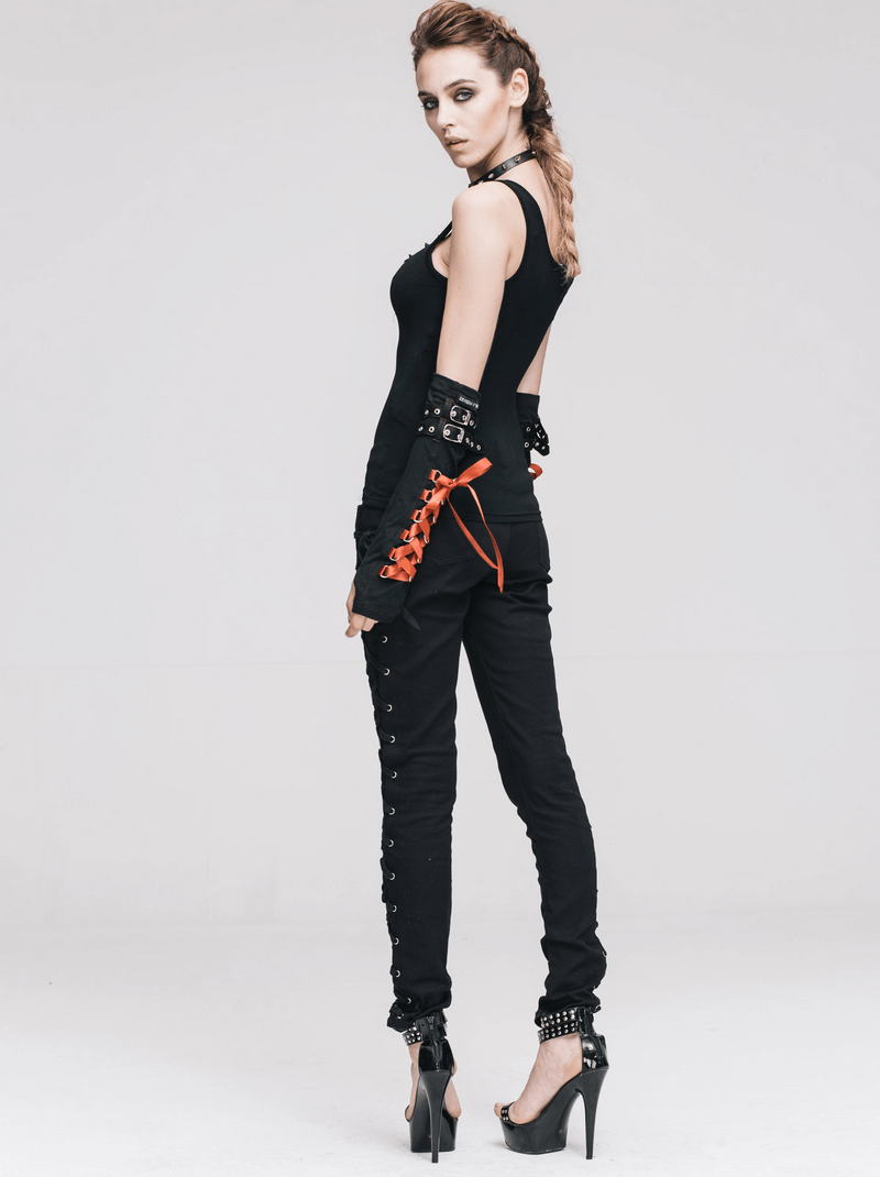 Punk Rock Women's Skinny Pants with Lace Up on Both Sides / Stylish Black Ladies Cotton Trousers