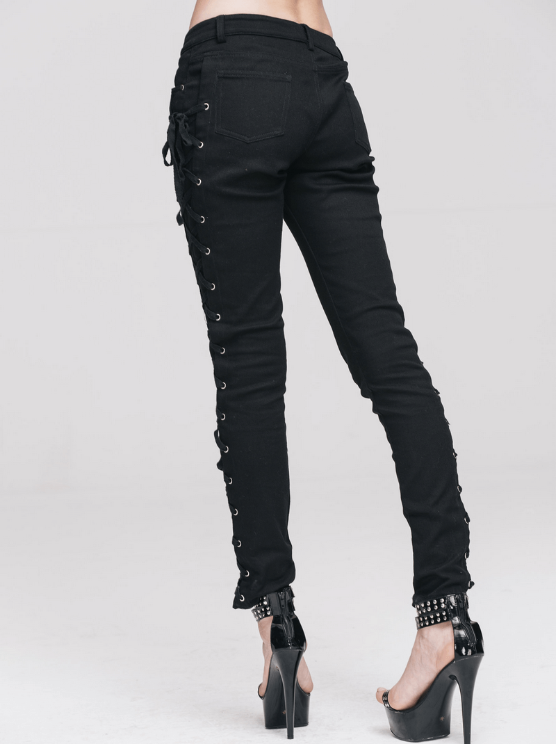 Punk Rock Women's Skinny Pants with Lace Up on Both Sides / Stylish Black Ladies Cotton Trousers