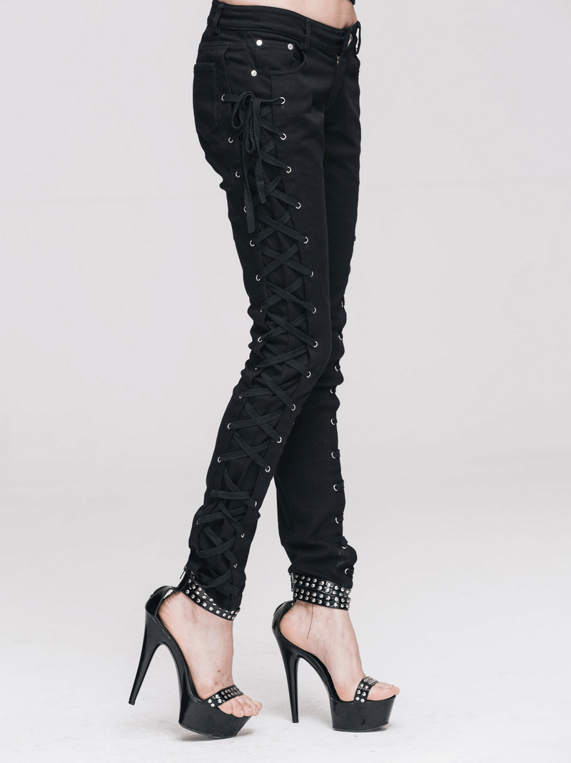 Punk Rock Women's Skinny Pants with Lace Up on Both Sides / Stylish Black Ladies Cotton Trousers