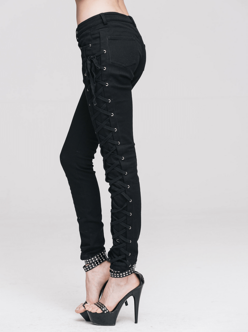 Punk Rock Women's Skinny Pants with Lace Up on Both Sides / Stylish Black Ladies Cotton Trousers