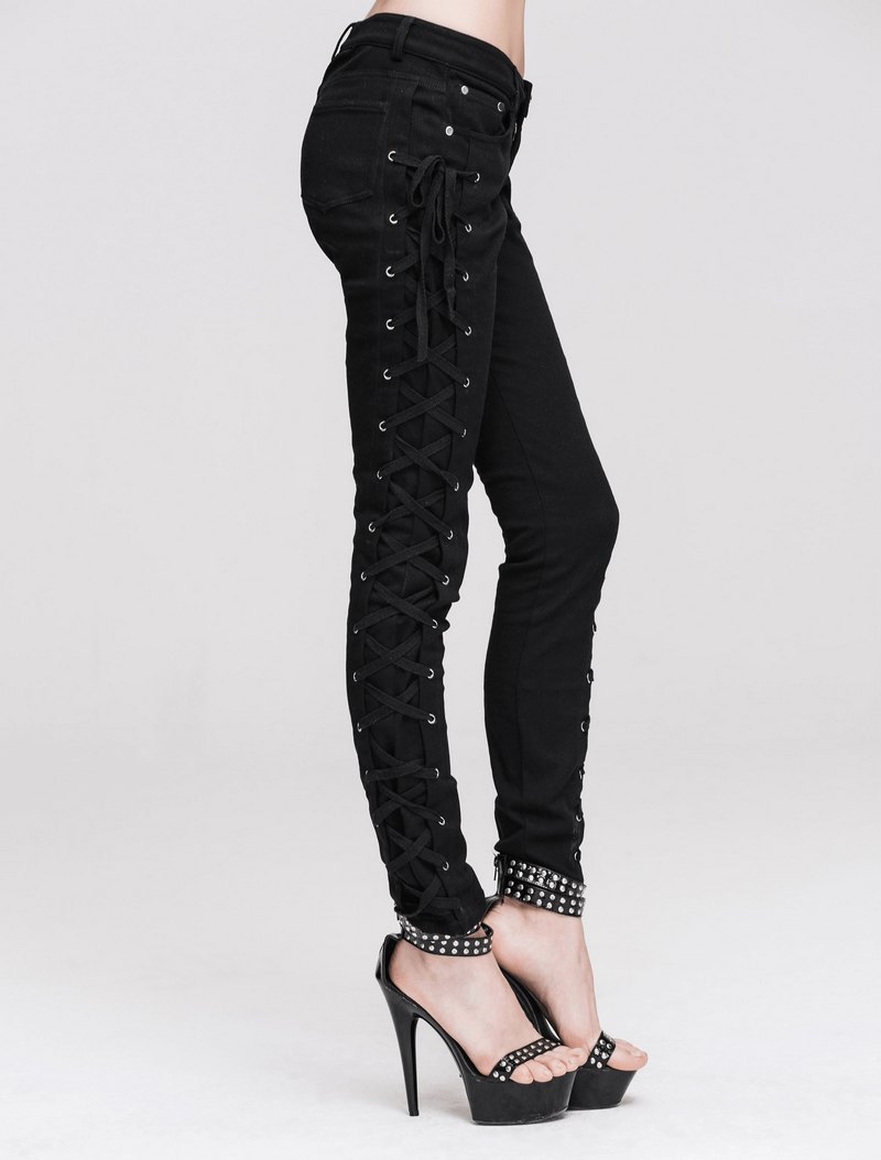 Punk Rock Women's Skinny Pants with Lace Up on Both Sides / Stylish Black Ladies Cotton Trousers
