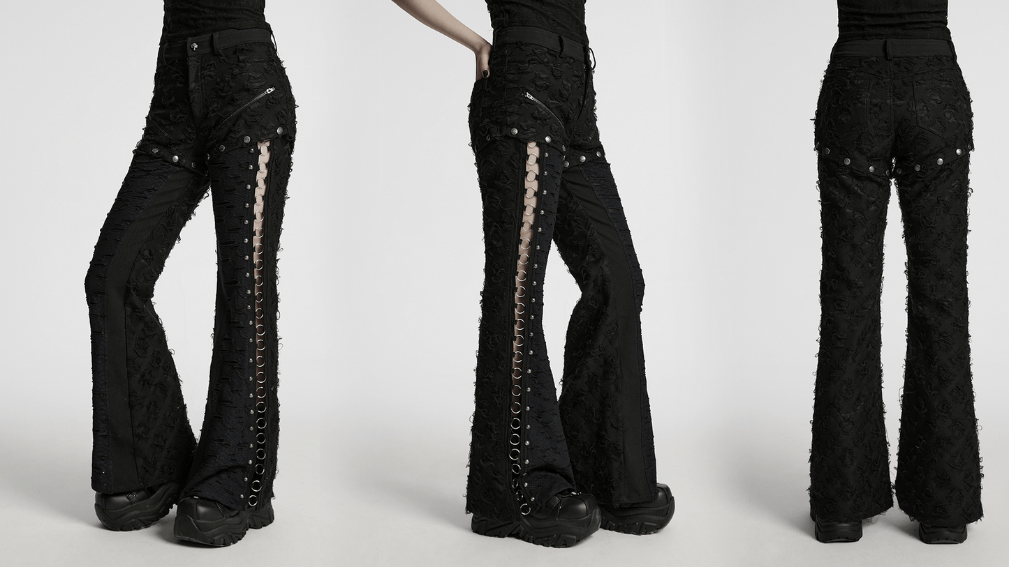 Punk Rose-Embellished Split Wide Leg Tattered Pants