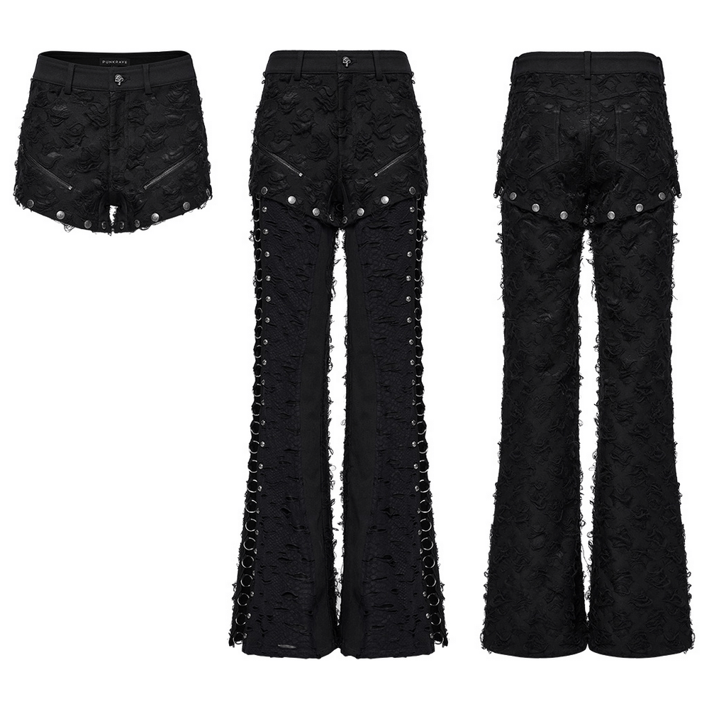 Punk Rose-Embellished Split Wide Leg Tattered Pants