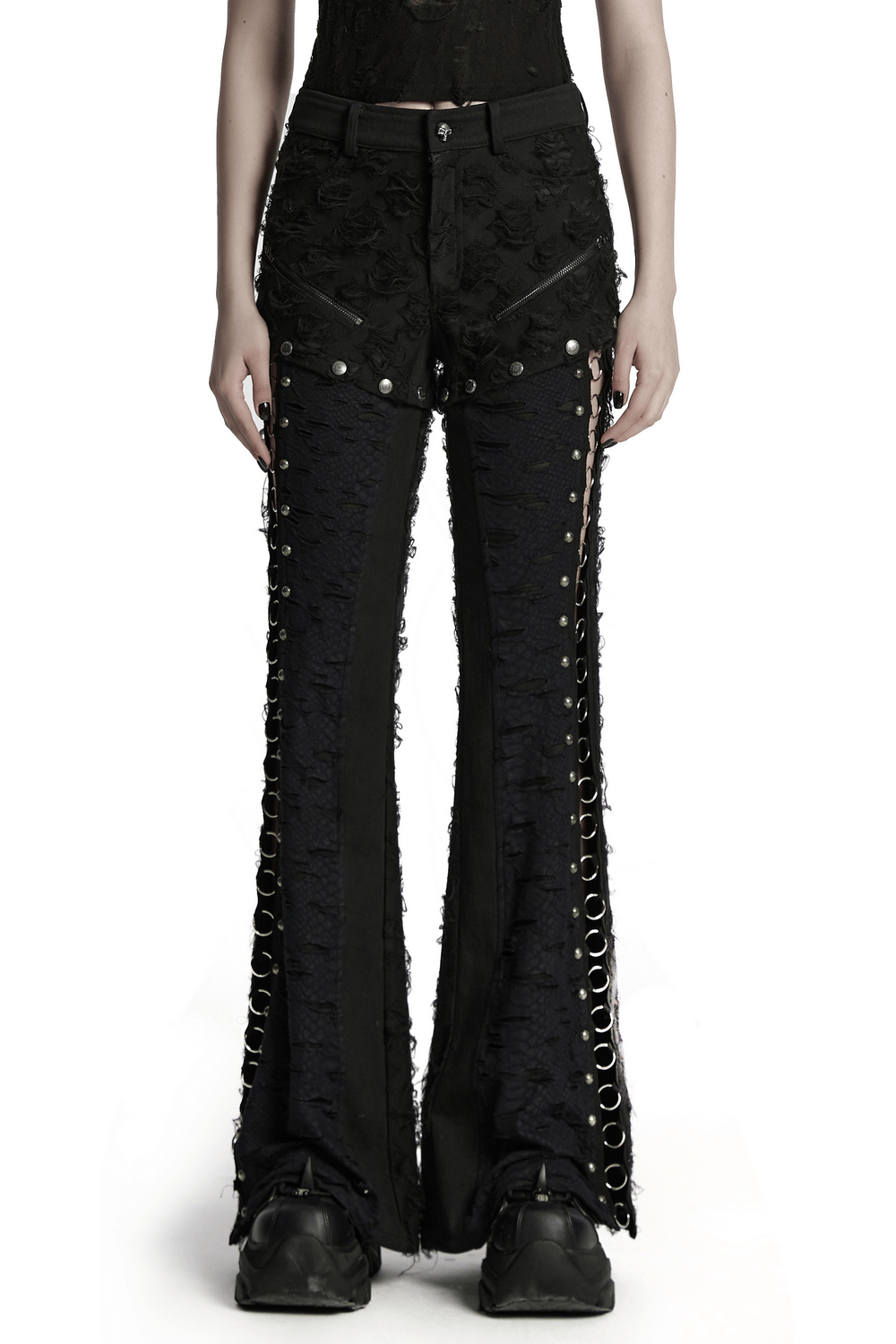 Punk Rose-Embellished Split Wide Leg Tattered Pants