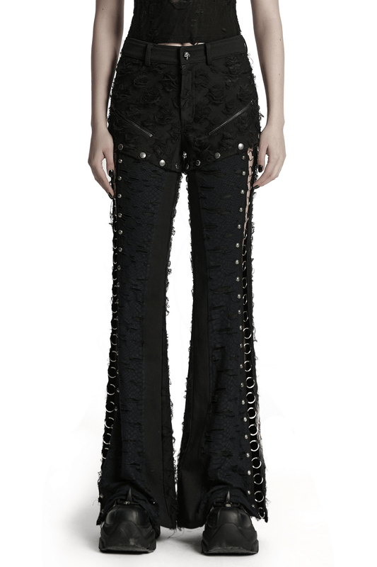Punk Rose-Embellished Split Wide Leg Tattered Pants
