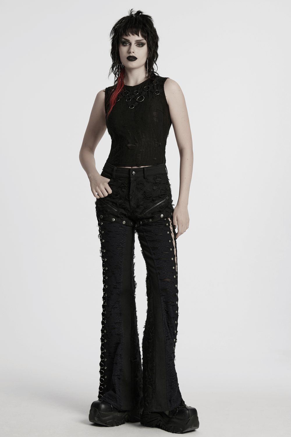 Punk Rose-Embellished Split Wide Leg Tattered Pants